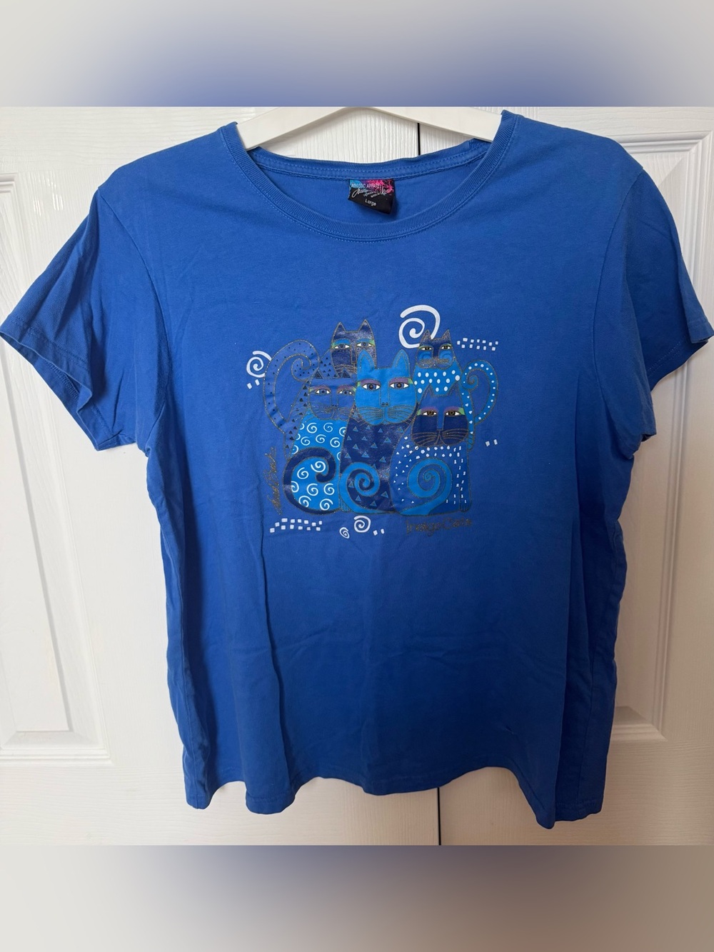 READ Laurel Burch Blue Short Sleeve Cat Graphic Tee Large Repaired